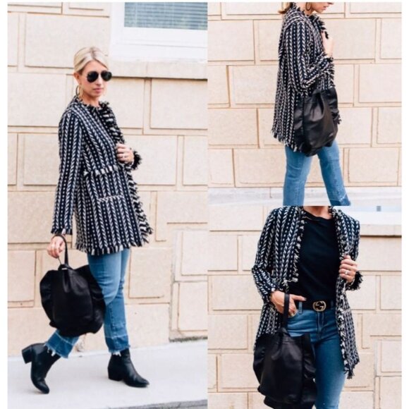 Cupcakes and Cashmere Tweed Fringed Knit Coat Navy Black White Fringe Size Small - Picture 2 of 11